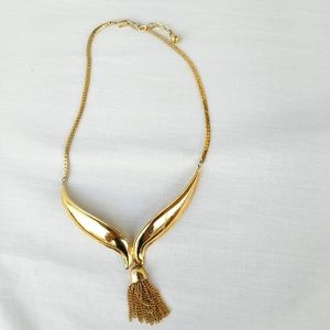 Avon Gold Tone Statement Necklace with Herringbone chain and tassel